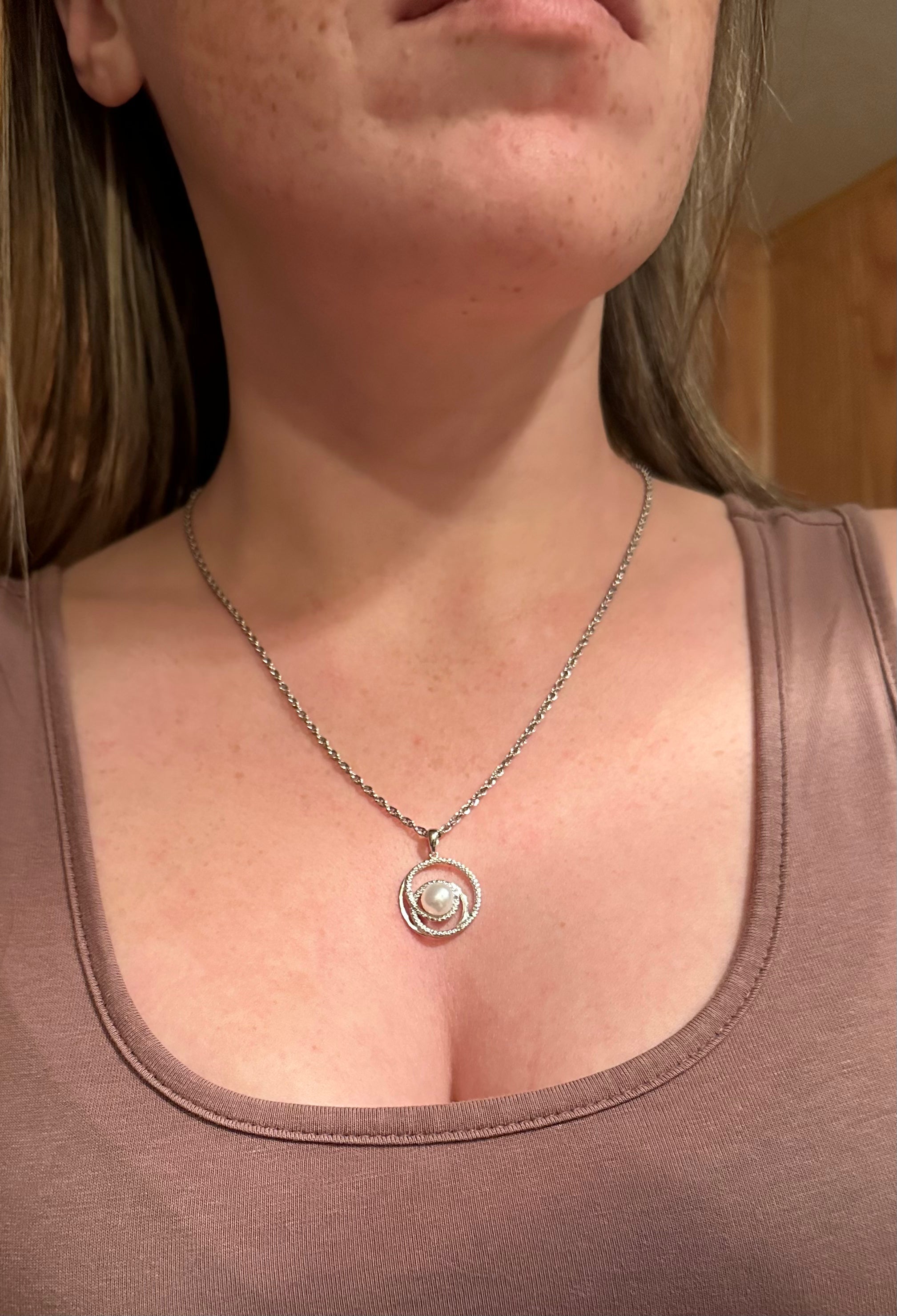 Vintage sterling pearl & diamond pendant on a sterling prince of whales chain, 20"
